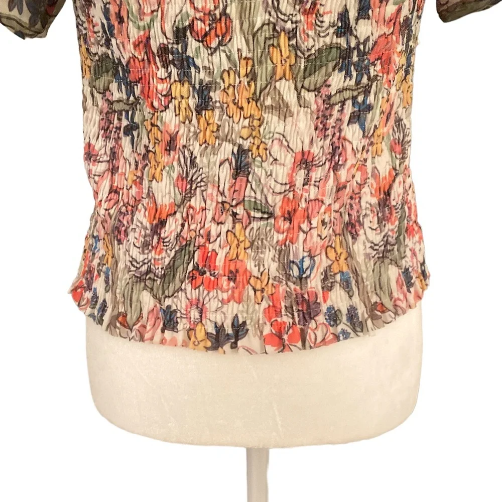 Anthropologie Aurelia Smocked Floral Puff Sleeve Cropped Crinkle Top - S - Picture 9 of 14